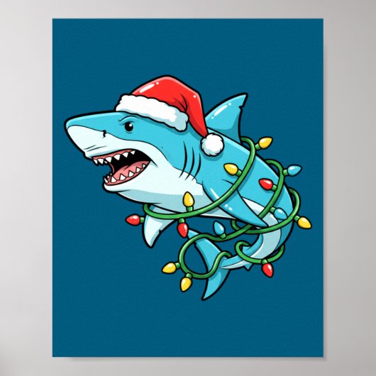 Christmas Shark Santa Hat Wrapped In Lights Funny  Poster (Voorkant)