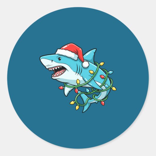 Christmas Shark Santa Hat Wrapped In Lights Funny  Ronde Sticker (Voorkant)