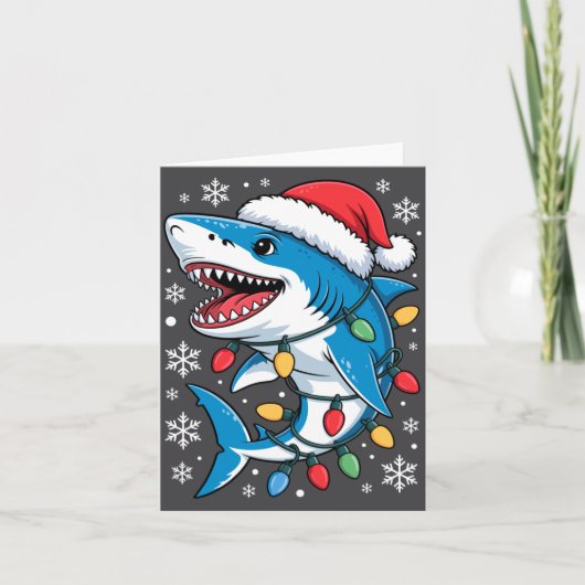 Christmas Shark Santa Hat Wrapped Lights Holiday S Kaart (Voorkant)