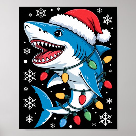 Christmas Shark Santa Hat Wrapped Lights Holiday S Poster (Voorkant)
