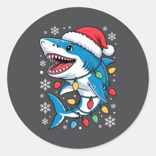 Christmas Shark Santa Hat Wrapped Lights Holiday S Ronde Sticker (Voorkant)