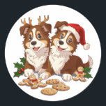 Christmas Shetland Sheepdogs Ronde Sticker<br><div class="desc">Schattigee illustratie van Shetland Sheepdogs verkleed voor Kerstmis. Perfect voor dierenliefhebbers of hondenouders tijdens het vakantieseizoen.</div>