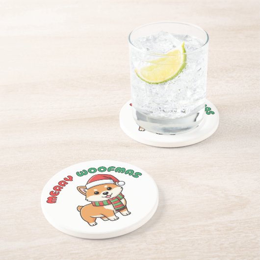 Christmas Shiba Inu Coaster: Merry Woofmas Zandsteen Onderzetter (Zijkant)