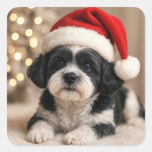 Christmas Shih Tzu Dog With Santa Hat Vierkante Sticker (Voorkant)
