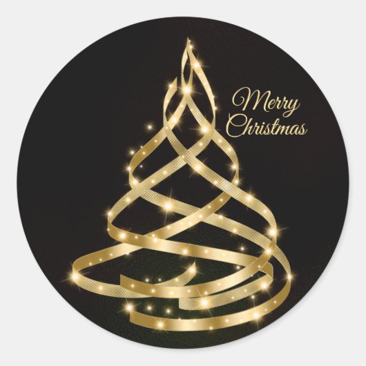 Christmas Shiny Golden Ribbon Tree Sparkle Black Ronde Sticker (Voorkant)