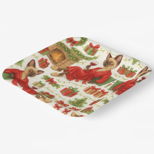 Christmas Siamese Cat is celebrating at home Papieren Bordje (Gebogen)