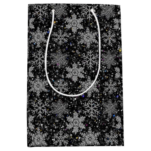 Christmas silver sparkle snow flakes medium cadeauzakje (Voorkant)