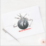 Christmas Silver Sparkly Ornament Ronde Sticker<br><div class="desc">zilveren ornamenten balletje dat aan een buitentak hangt met de wazige sneeuwwitte winterachtergrond. Vrolijk kerstfeest is in rode tekst geschreven. Originele Fotografie door TamiraZDesigns.</div>