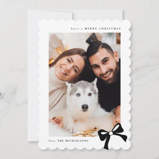 Christmas Simple Bow Black and White Photo Feestdagenkaart (Voorkant)