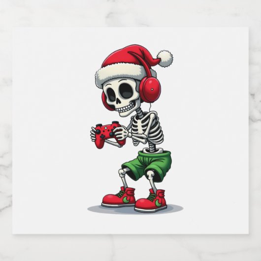 Christmas skeleton Gamer Pajamas xmas skull gaming Sparkling Wijnetiket (Enkel label)