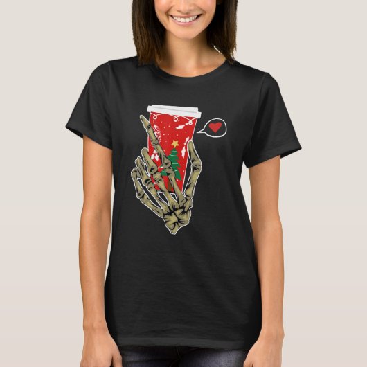 Christmas Skeleton Hand Drinking Coffee Latte Paja T-shirt (Voorkant)