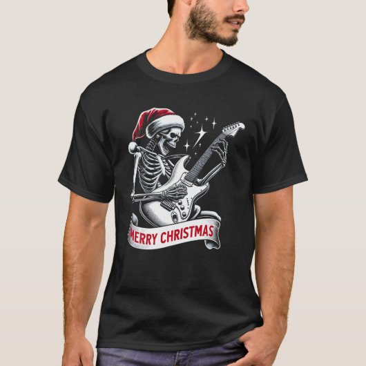 Christmas Skeleton spelen gitaar rock en roll sa T-shirt (Voorkant)