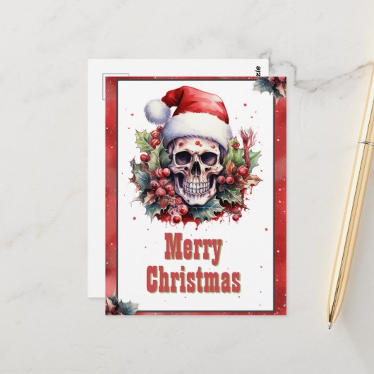 Christmas Skull Waterverf Briefkaart (Voorkant / Achterkant in situ)