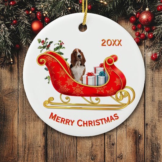 Christmas Sleigh Basset Hound Dog Keramisch Ornament