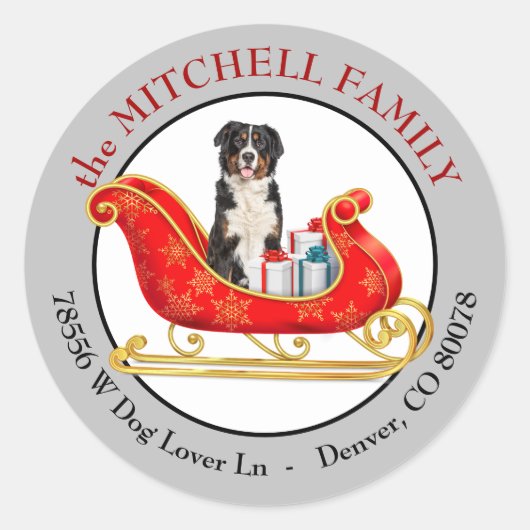 Christmas Sleigh Bernese Mountain Dog Address Ronde Sticker (Voorkant)