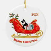 Christmas Sleigh Funny Black White Cat Keramisch Ornament (Achterkant)