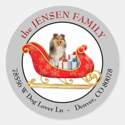 Christmas Sleigh Shetland Sheepdog Return Address Ronde Sticker (Voorkant)