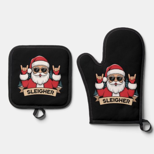 Christmas Sleigher Santa Rock Xmas Rocker Ovenwant & Pannenlap Set (Voorkant)