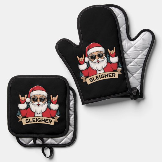 Christmas Sleigher Santa Rock Xmas Rocker Ovenwant & Pannenlap Set (Voorkant / Achterkant)