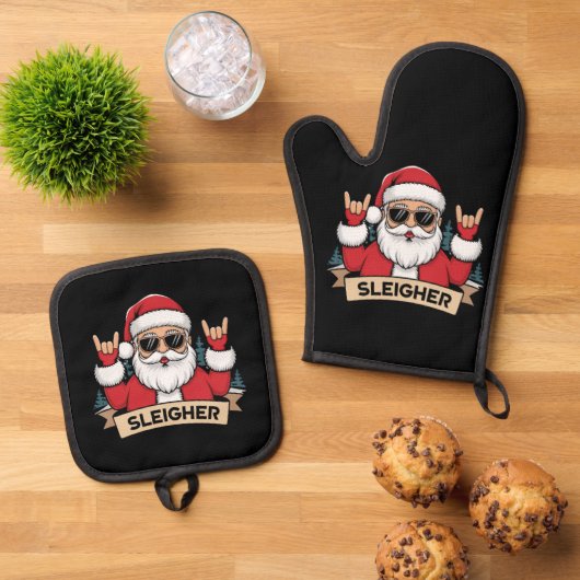 Christmas Sleigher Santa Rock Xmas Rocker Ovenwant & Pannenlap Set (Top down)
