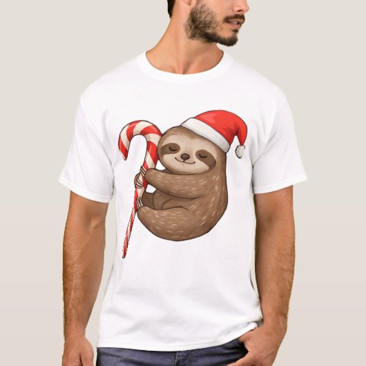 Christmas Sloth Hugging Candy Cane Classic T-Shirt (Voorkant)