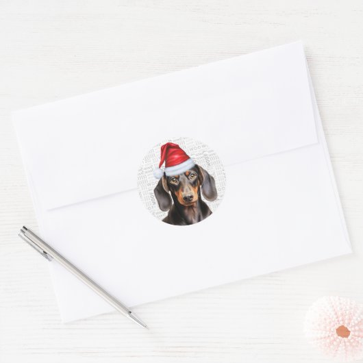 Christmas Smooth Dachshund Dog and Woof Art Ronde Sticker (Envelop)