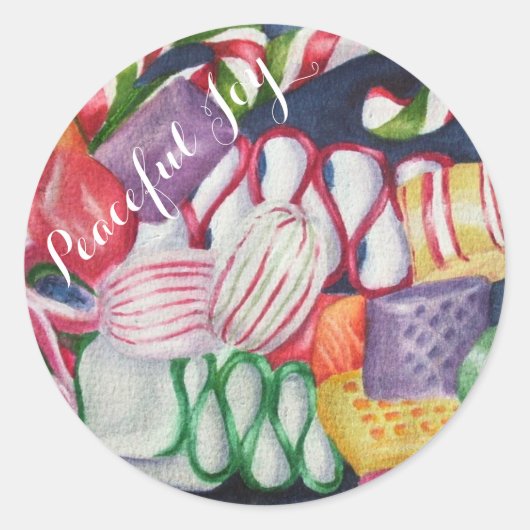 CHRISTMAS SNOEP PEACEFUL JOY RONDE STICKER (Voorkant)