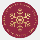 Christmas Snowflake Burgundy Faux Gold Elegant  Ronde Sticker (Voorkant)