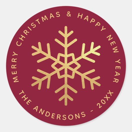 Christmas Snowflake Burgundy Faux Gold Elegant  Ronde Sticker (Voorkant)