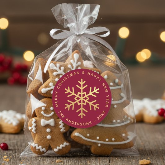Christmas Snowflake Burgundy Faux Gold Elegant  Ronde Sticker