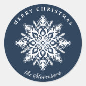 Christmas Snowflake Navy Blue Custom Holiday Ronde Sticker (Voorkant)