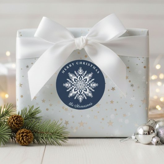 Christmas Snowflake Navy Blue Custom Holiday Ronde Sticker
