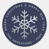 Christmas Snowflake Navy Blue Faux Silver Elegant  Ronde Sticker (Voorkant)