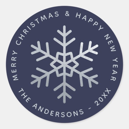 Christmas Snowflake Navy Blue Faux Silver Elegant  Ronde Sticker (Voorkant)