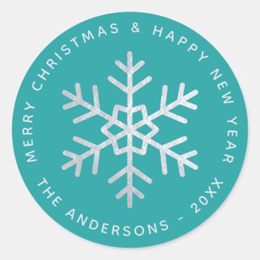 Christmas Snowflake Teal Elegant Faux Silver Foil Ronde Sticker (Voorkant)