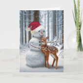Christmas Snowman Hugging a Fawn Feestdagen Kaart (Voorkant)