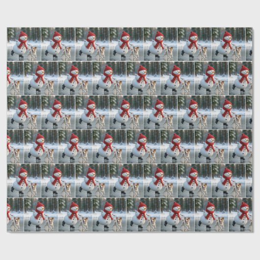 Christmas Snowman Ice Skating With Dog Cadeaupapier (Vlak)