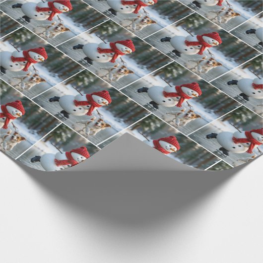 Christmas Snowman Ice Skating With Dog Cadeaupapier (Hoek)