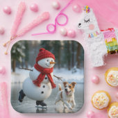 Christmas Snowman Ice Skating With Dog Papieren Bordje (Feest)
