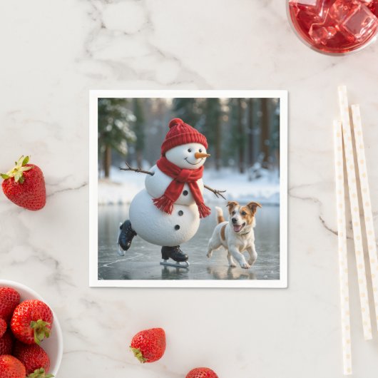 Christmas Snowman Ice Skating With Dog Servet (Insitu)