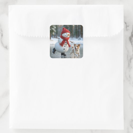 Christmas Snowman Ice Skating With Dog Vierkante Sticker (Tas)