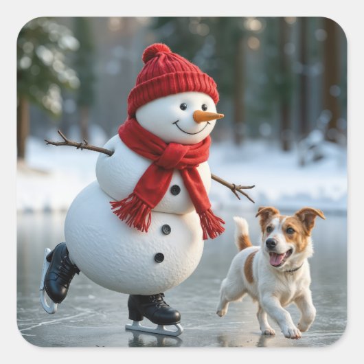 Christmas Snowman Ice Skating With Dog Vierkante Sticker (Voorkant)