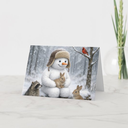 Christmas Snowman In Winter Woods With Animal Kaart (Voorkant)