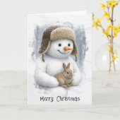 Christmas Snowman In Winter Woods with Bunny Kaart (Gele Bloem)