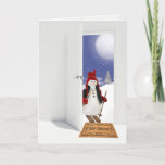 Christmas snowman on skis in doorway feestdagen kaart<br><div class="desc">cute snowman on skis in open doorway with Merry Christmas message on doormat</div>