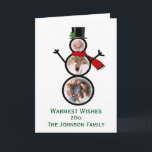Christmas Snowman Photo Frame Template Feestdagen Kaart<br><div class="desc">Fun whimsical winter Christmas snowman in a top hat and red scarf.  Insert three of your own family photos and customize with your name and holiday message. Sample text shows "Warmest Wishes."

Photography © Storytree Studios,  Stanford,  CA</div>