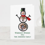 Christmas Snowman Photo Frame Template Feestdagen Kaart<br><div class="desc">Fun whimsical winter Christmas snowman in a top hat and red scarf.  Insert three of your own family photos and customize with your name and holiday message. Sample text shows "Warmest Wishes."

Photography © Storytree Studios,  Stanford,  CA</div>