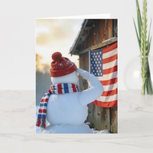 Christmas Snowman Saluting an American Flag Kaart (Voorkant)