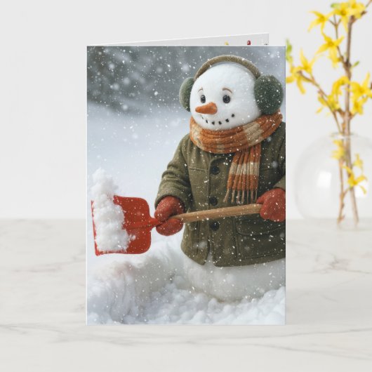 Christmas Snowman Shoveling Snow Kaart (Gele Bloem)