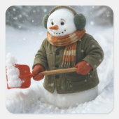 Christmas Snowman Shoveling Snow Vierkante Sticker (Voorkant)